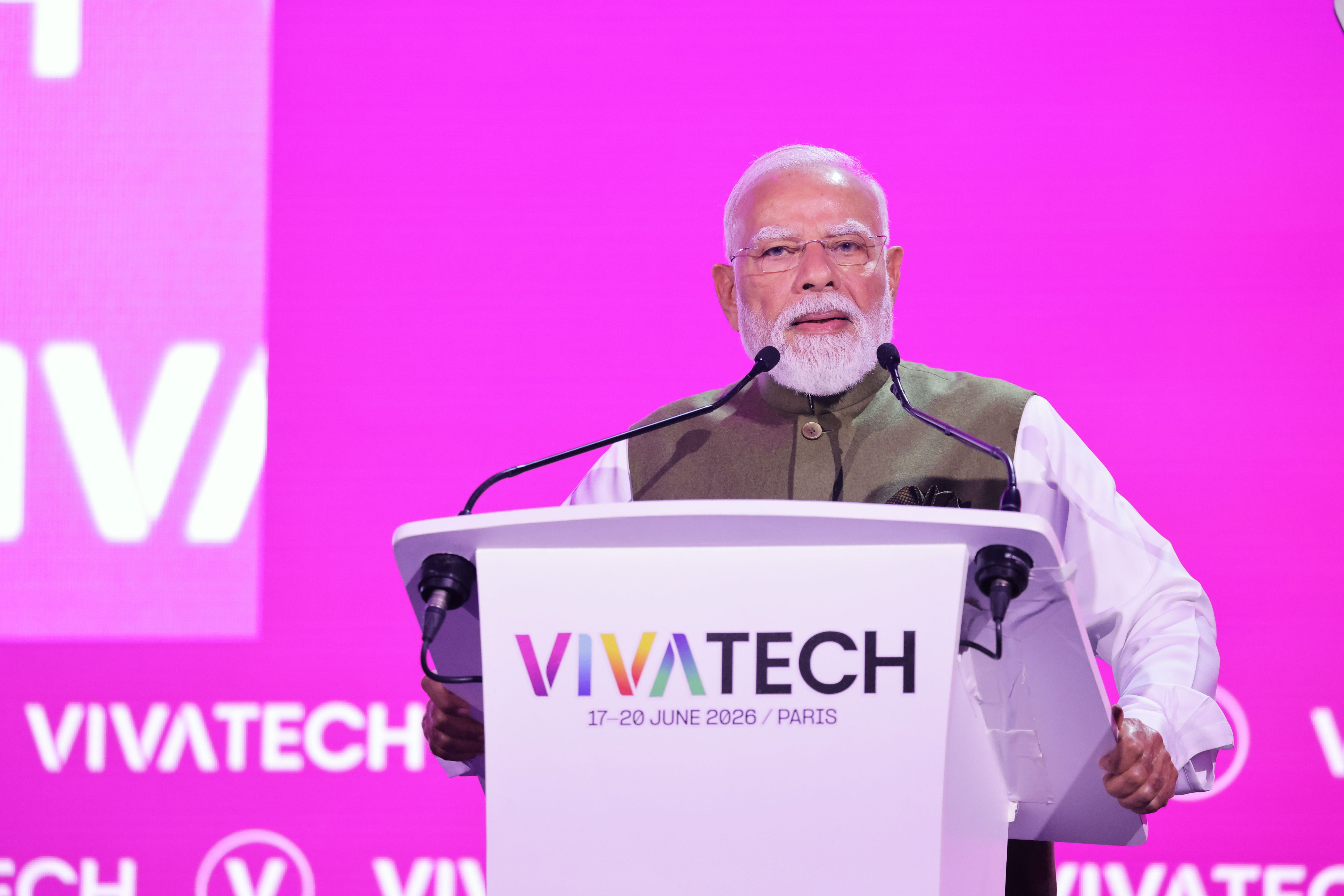 Prime Minister Narendra Modi addressing the VivaTech 2026 audience
